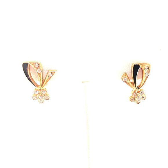 Petite Screw Back Earrings Circa 1950 Black Enamel Gold Tone Metal - Picture 4 of 9